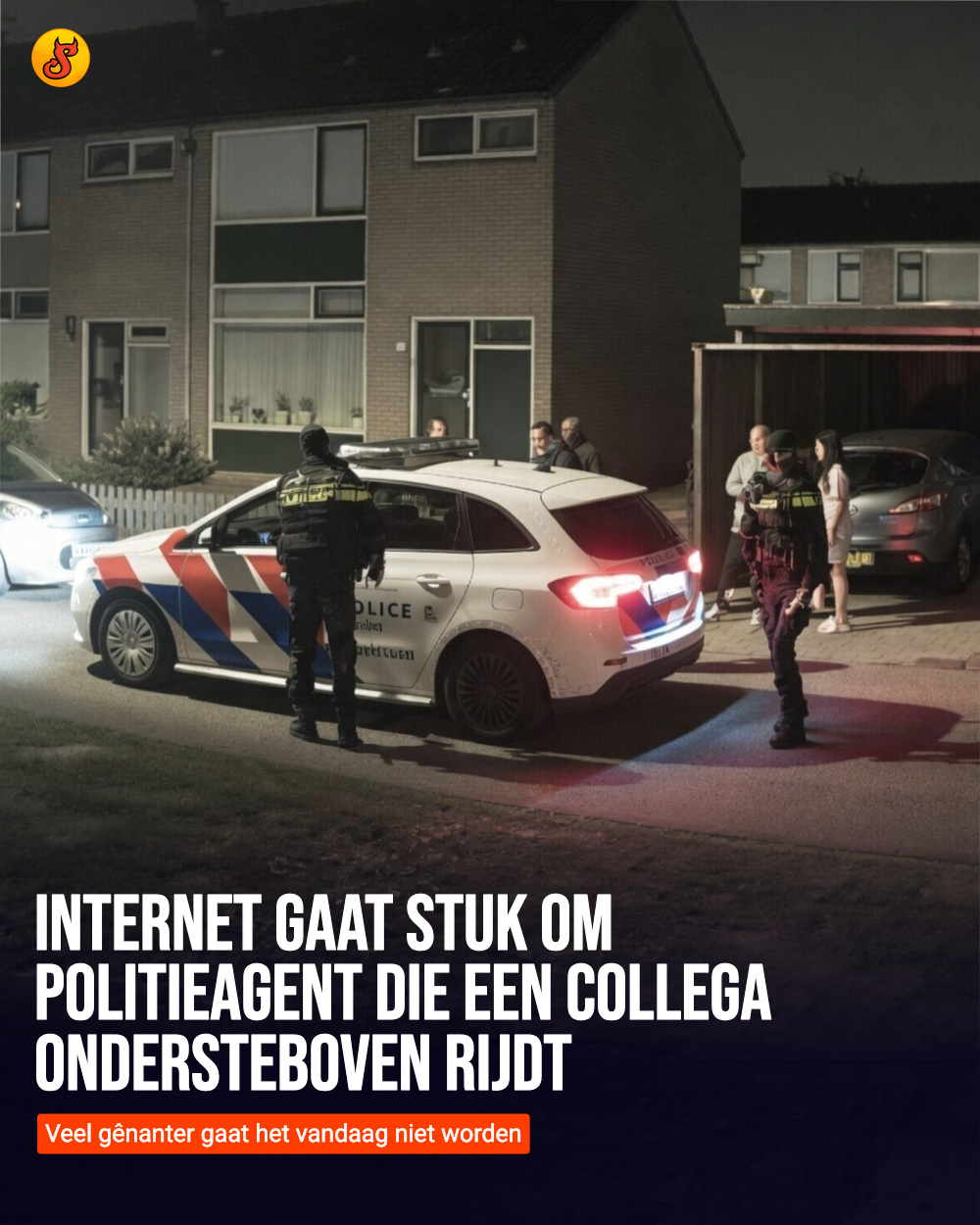 Internet gaat stuk om politieagent die een collega ondersteboven rijdt
