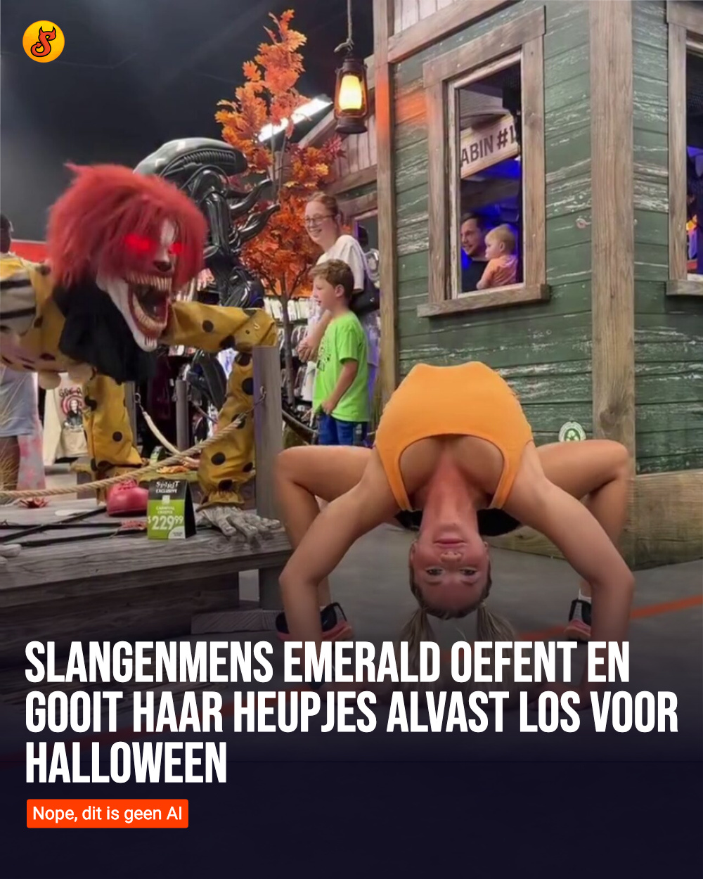 Slangenmens Emerald oefent en gooit haar heupjes alvast los voor Halloween