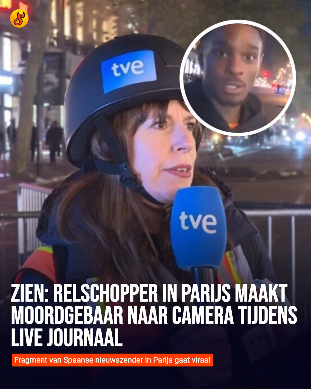ZIEN: Relschopper in Parijs maakt moordgebaar naar camera tijdens live journaal