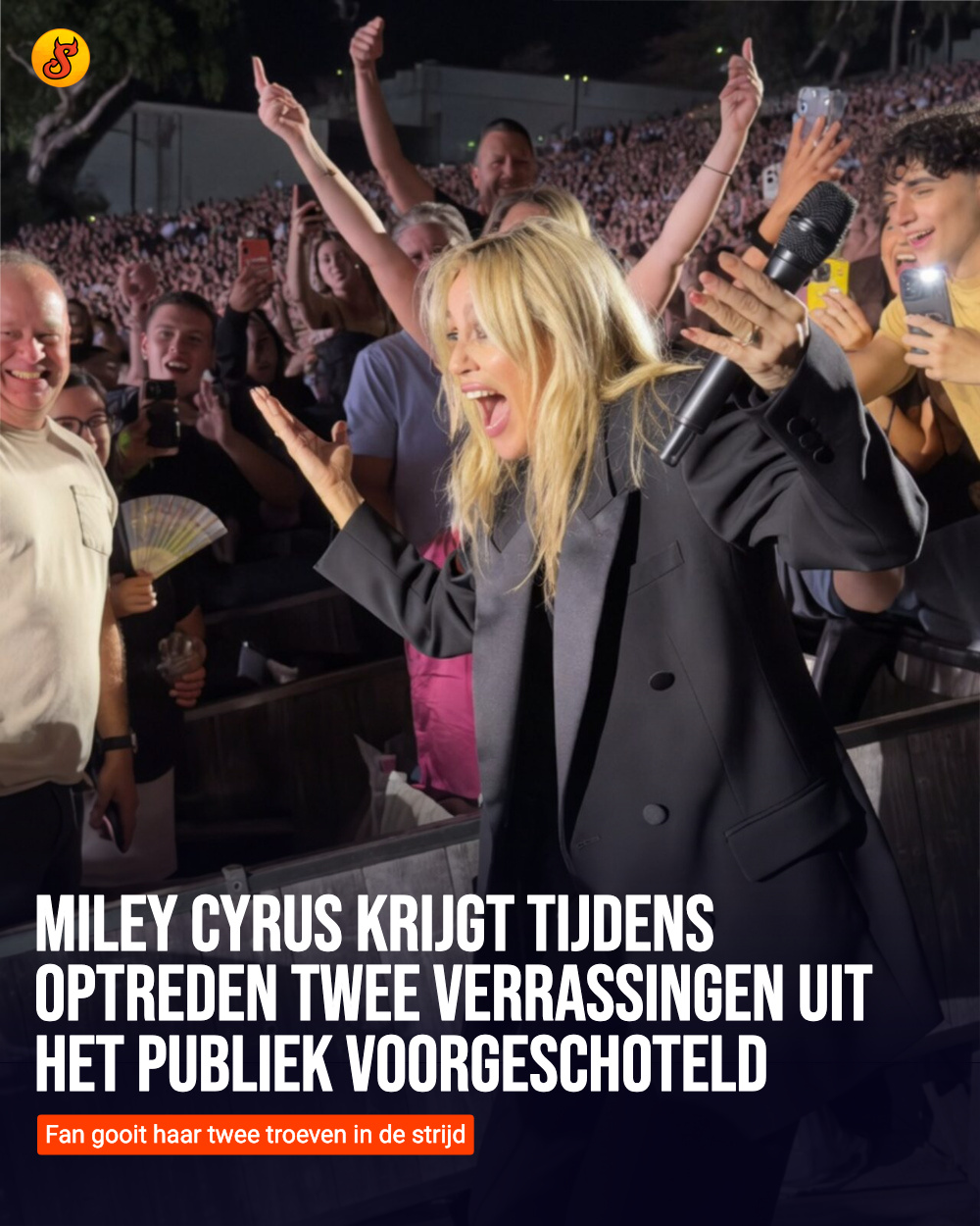 Miley Cyrus krijgt tijdens optreden twee verrassingen uit het publiek voorgeschoteld