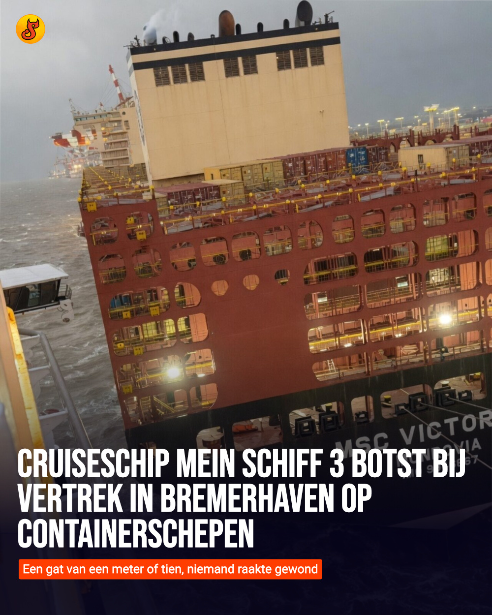 Cruiseschip Mein Schiff 3 botst bij vertrek in Bremerhaven op containerschepen