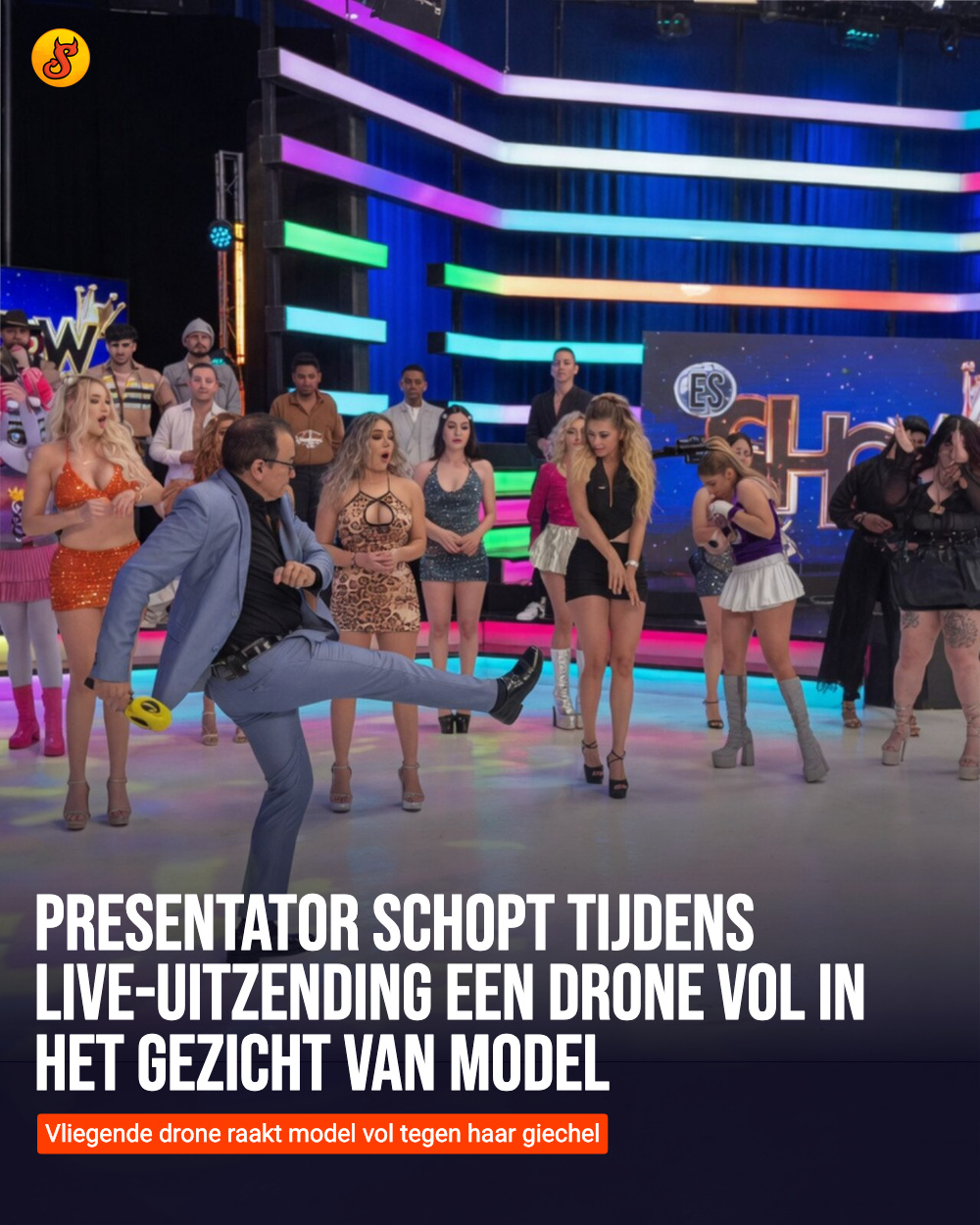 Presentator schopt tijdens live-uitzending een drone vol in het gezicht van model