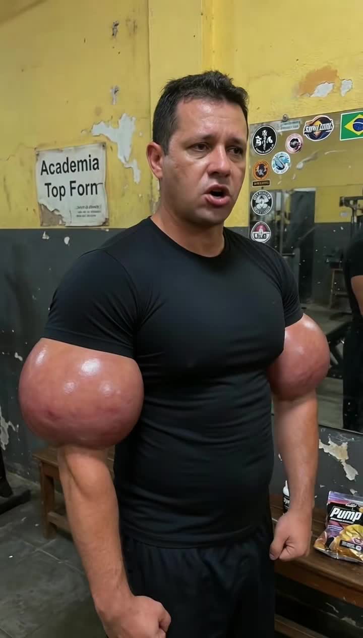 Synthol-bink showt zijn nieuwe biceps