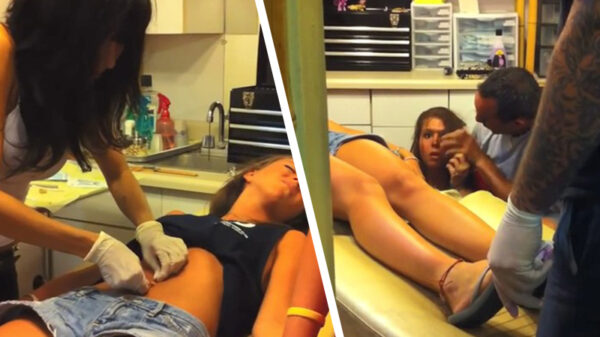 Juffie gaat knock-out als haar vriendin een piercing laat zetten