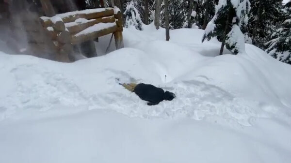 Skiër neemt onbedoeld een iets te frisse duik