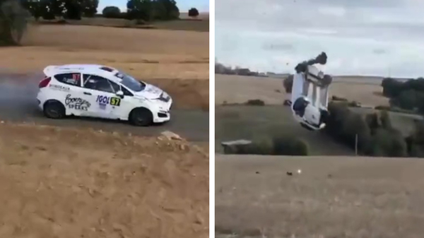 Rallyauto van Lucas Zielinsk en Enzo Mahinc gaat onbedoeld stukje vliegen tijdens Rallye Coeur de France