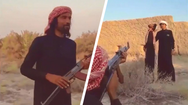 Arabier schiet met zijn AK-47 de sigaret van zijn mattie aan