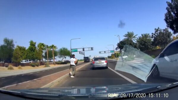 Knuppel wordt op heterdaad betrapt tijdens het stelen van een bladblazer