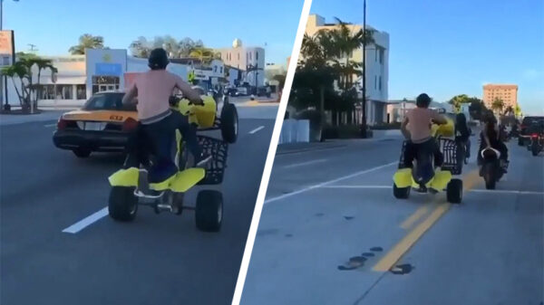 Shirtloze quadrijder slooft zich uit en beukt motorrijder ondersteboven