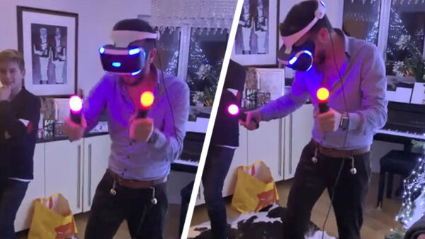 Gast klettert dramatisch op de grond tijdens virtual reality spelletje