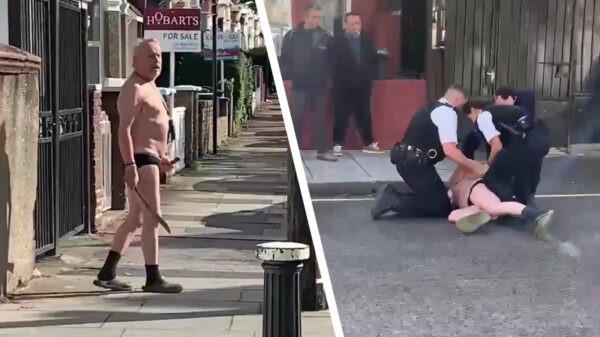 Machetemafkees in onderbroek wordt door politie in Londen naar de grond gewerkt