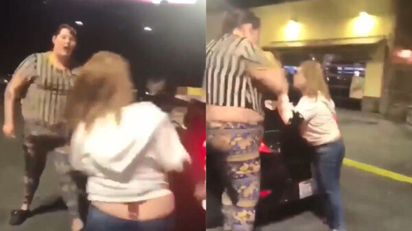 De grote onvriendelijke reuzin slaat vrouw naar de godver