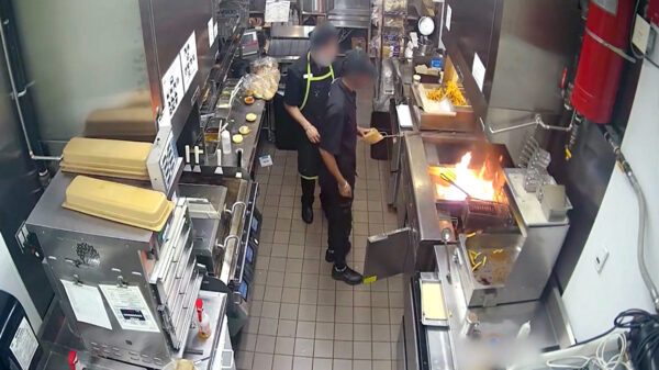 Helder licht besluit brandend vet met een sloot water te blussen