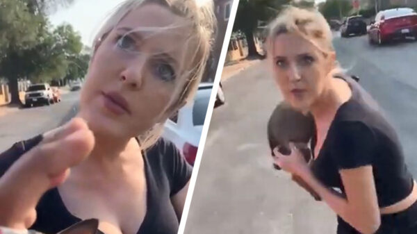 Labiele vrouw uit Californië gooit met puppy naar een wildvreemde man