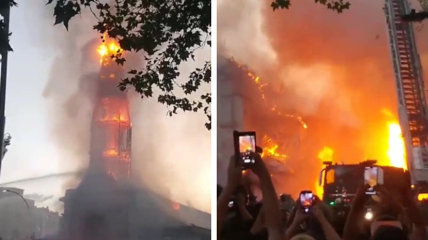 Kerk in Santiago de Chile stort in nadat demonstranten deze in de fik zetten