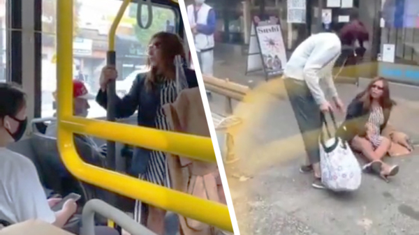 Canadese vrouw bespuugt passagier in bus, eindigt met haar neus op de stoep