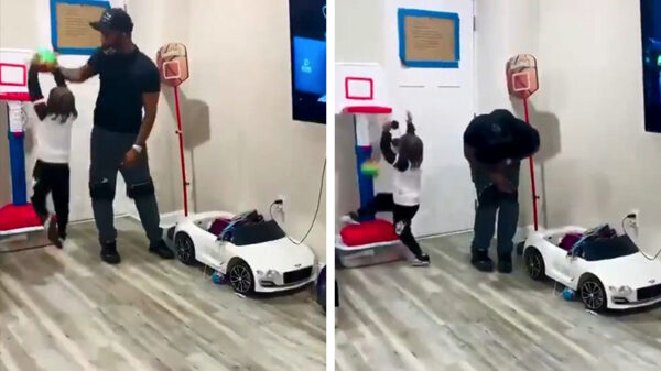 Kleine baas gebruikt afleidingsmanoeuvre om te scoren bij potje basketbal