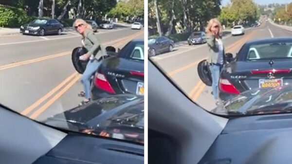 Blondine raakt verwikkeld in een road rage met een toeterliefhebber