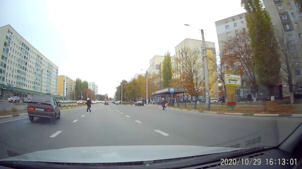 Automobilist maakt noodstop omdat er een blinde babushka oversteekt