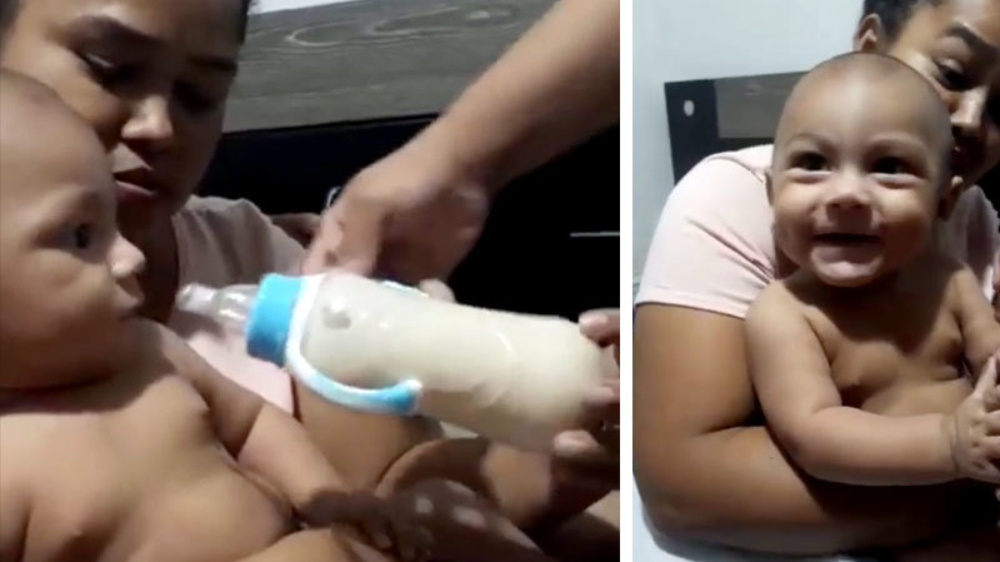 Deze baby houdt niet van melk en wil alleen die echte dorstlesser!