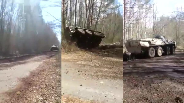 Russisch legervoertuig maakt iets te scherp bochtje maar herstelt keurig