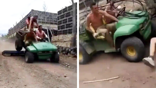 Stoertje wordt net iets te hard uit de John Deere gelanceerd