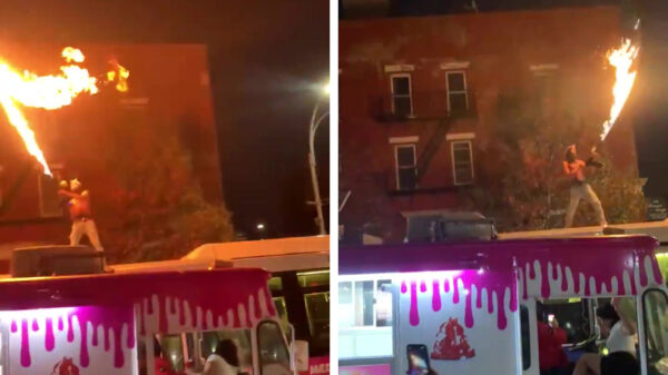 Idioot met vlammenwerper gaat los bovenop een lijnbus in New York