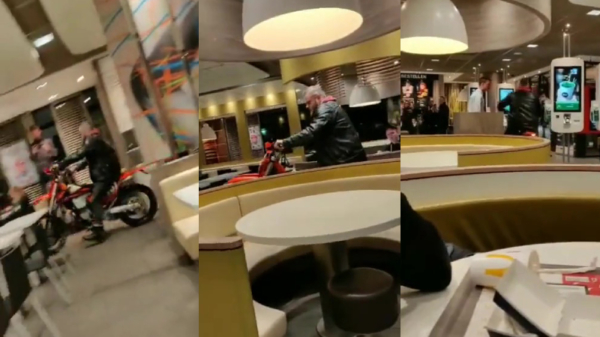 Mafklapper rijdt op zijn crossmotor doodleuk door de McDonalds in Zwolle