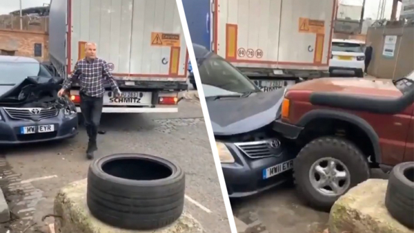 Idioot in Land Rover rijdt auto in de prak bij ruzie om parkeerplaats