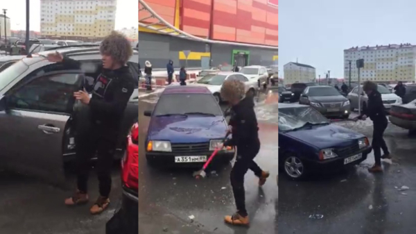 Siberische prankster besluit om verkeerd geparkeerde auto te slopen met een hamer