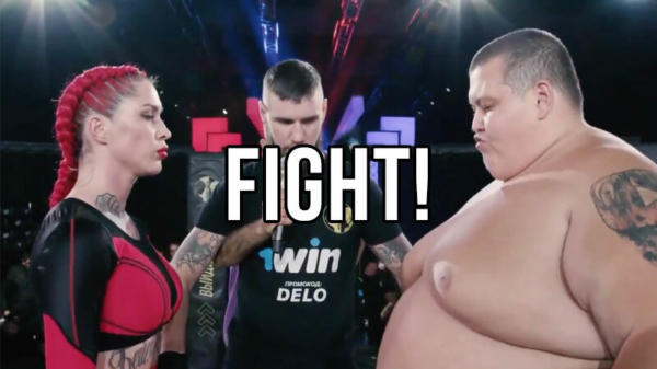 Geen grap: Russisch MMA-gevecht tussen Grigory Chistyakov (225 kg) en Darina Madzyuk (63 kg)