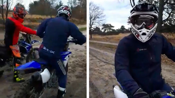 Motorcrosser slaat telefoon uit handen van opa die met kleinkinderen wandelt