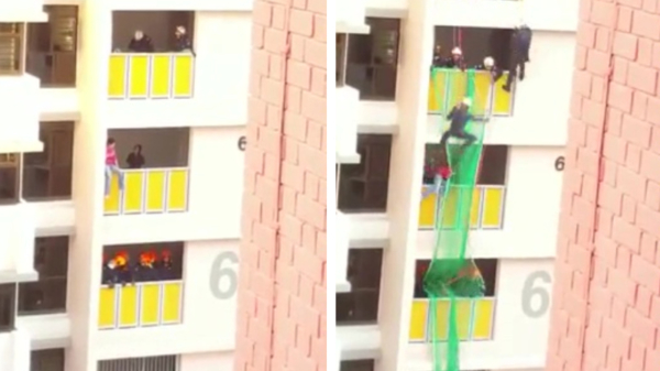 Helden van de dag redden suïcidale man van balkon 6e verdieping in Singapore