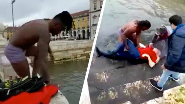 Portugese held van de dag springt het water in als hij iemand ziet drijven