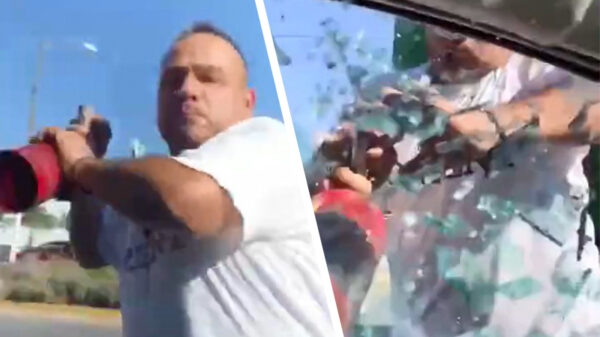 Tranquilo. Mexicaanse buschauffeur ramt autoruit in met brandblusser