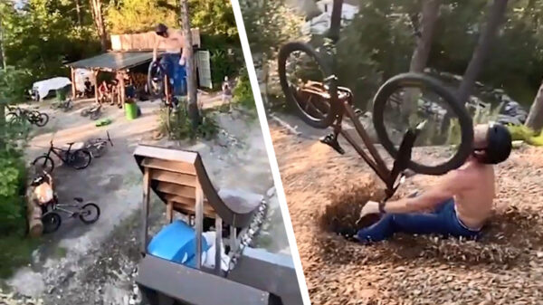 BMX'er krijgt zijn voorwiel vol tegen zijn blije bakkes