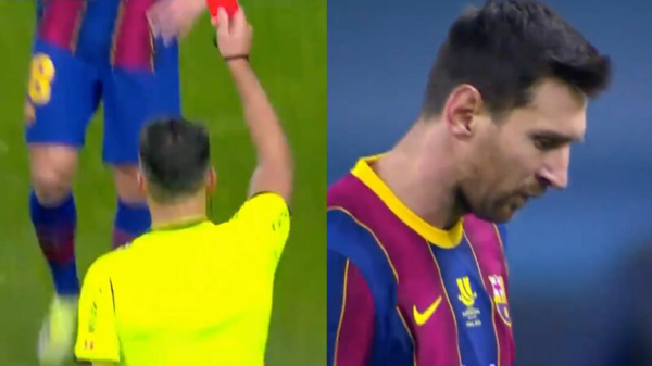 Historisch: Lionel Messi krijgt zijn eerste rode kaart in een wedstrijd voor Barcelona