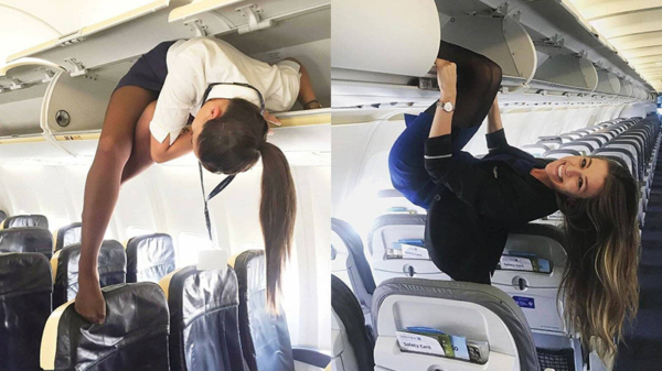 Stewardessen in gekke standjes zorgen ervoor dat je zin krijgt om te vliegen