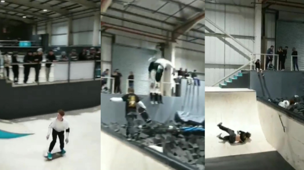 Skater ramt zijn collega knetterhard onderuit tijdens sprong