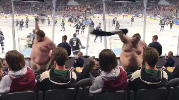 Gezellig ijshockey-dikkerdje geeft een pikant showtje weg tijdens wedstrijd