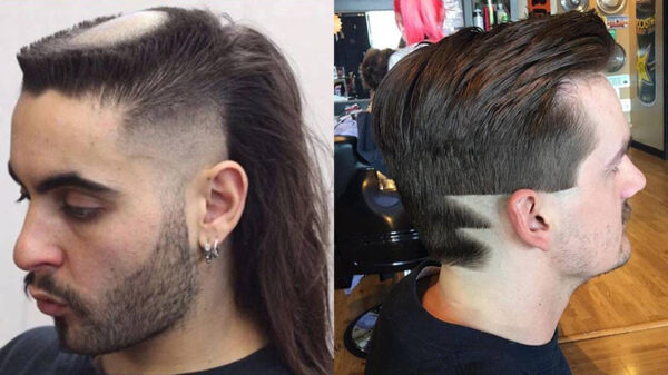 Vreemde figuren tonen vol trots hun belachelijke kapsels