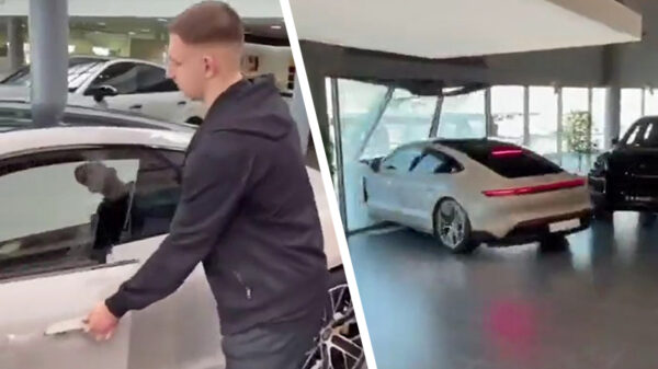 Stuntpiloot ramt zijn gloednieuwe Porschki dwars door de showroom
