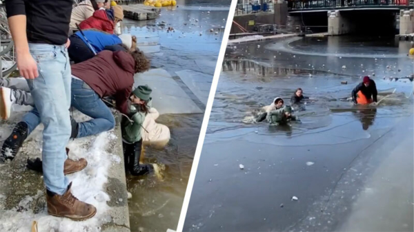 Schaatsers gefilmd die gisteren op de Prinsengracht massaal door het ijs zakten