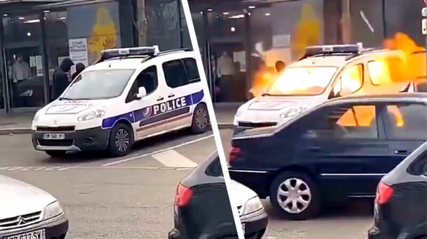 Frans schorriemorrie blaast politiewagen op met molotovcocktail