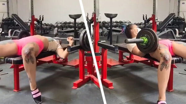 Sportschooltante neemt iets té veel hooi op d'r vork en wordt geplet tijdens het bankdrukken