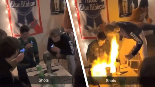 Faalhaas verandert in een vuurspuwende draak als hij een brandende shotje neemt