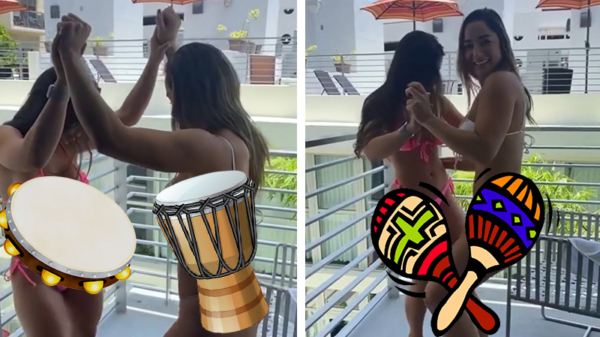 Braziliaanse zusjes Bru en Pietra Luccas doen een vreugdedansje op het balkon