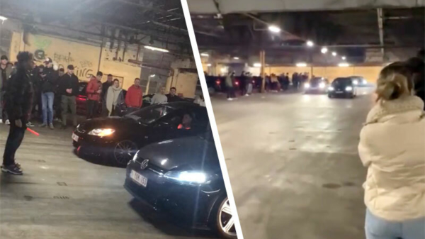 Belg parkeert zijn Golf 7 tegen de muur tijdens illegale straatrace in parkeergarage