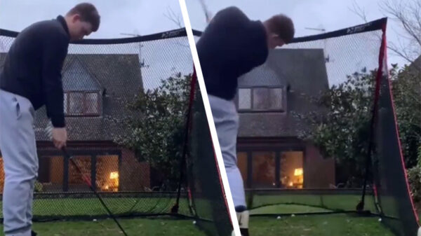 Mama is niet bepaald blij dat er in d'r achtertuin wordt gegolft