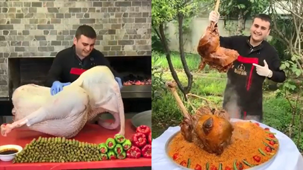 Turkse chef-kok bereidt een overdreven vetgemeste plofkip